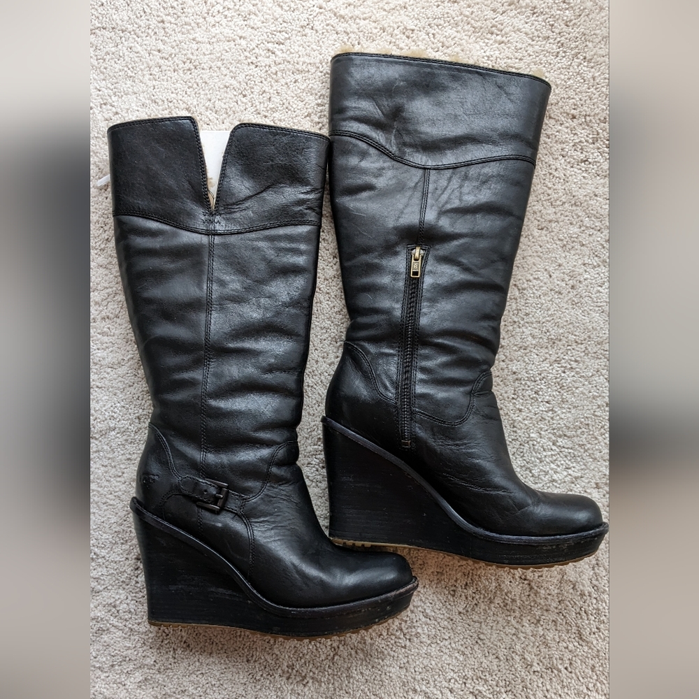 UGGs Black Leather Wedge Boots